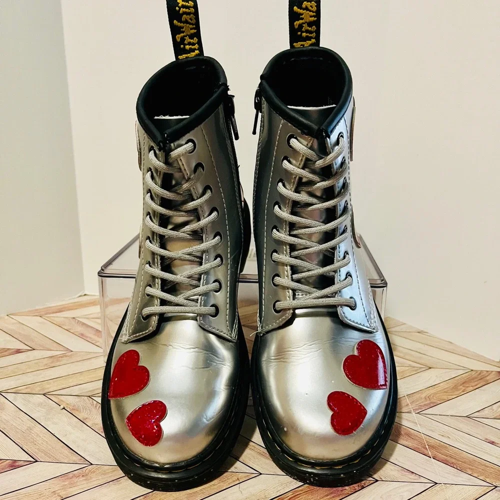 Dr Martens 1460 J Glitter Star Patent Lace Up Zip Boots Kids 3 Silver Red Hearts